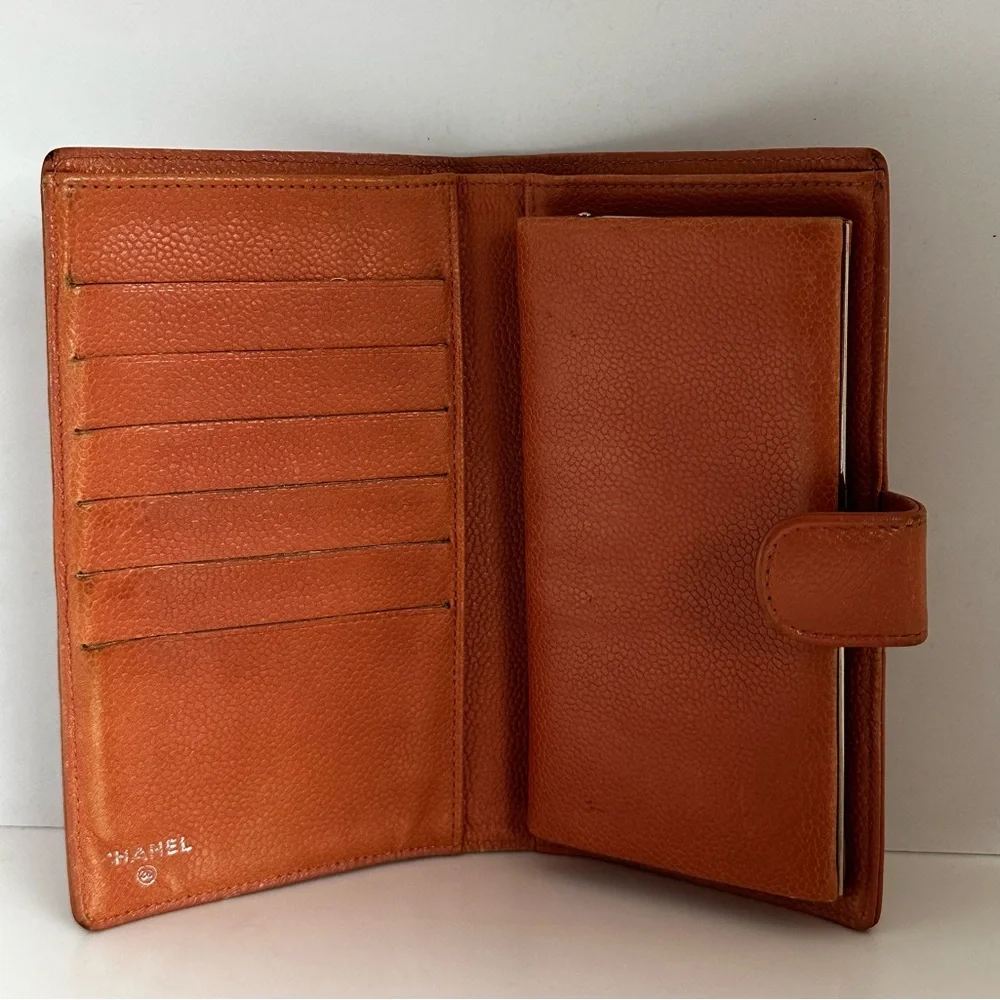 CHANEL Orange Caviar Leather Wallet